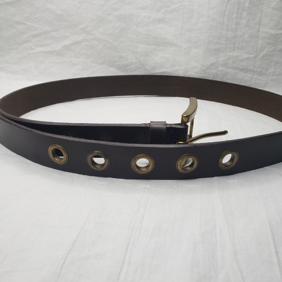 Chunky Brown Leather Belt Size L Grommets Distressed Brass Buckle - Picture 8 of 9